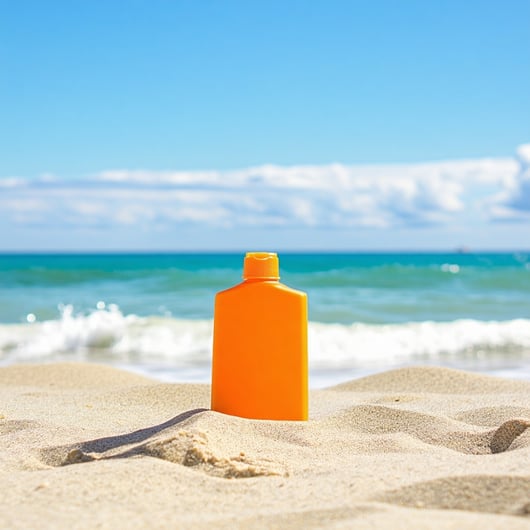 Sunscreen bottle sitting in front of the ocean in the sand