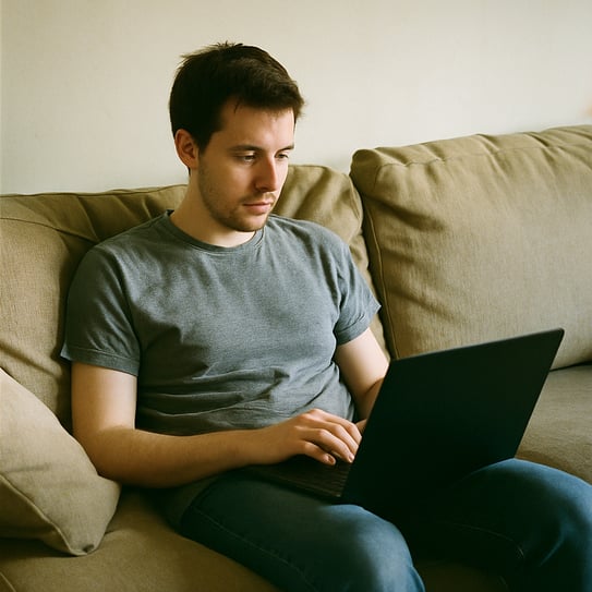 analogfilm person sitting on couch working on computer