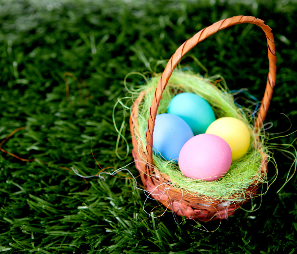 Plain colorful Easter Eggs in a bastket