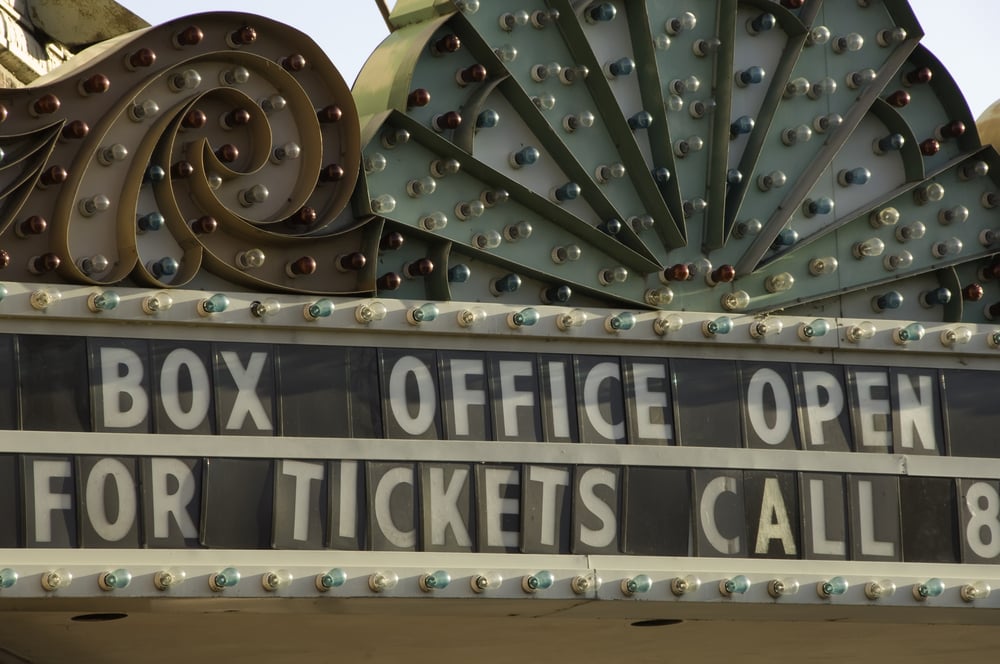 Theatrical marquee at dawn, downtown Aurora, Illinois